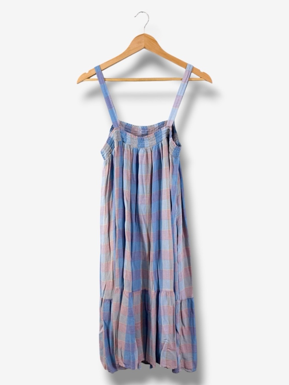 Loft Tiered Midi Dress Size L Blue Purple Plaid Smocked Sleeveless Casual Preppy - Picture 8 of 9
